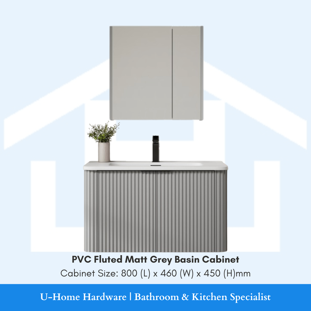 DUSCHE Mirror Cabinet 2006195FGY | PVC Basin Cabinet 2008103 | 2008103FGY-HMB (Matt Black Handle) / 2008103FGY-HGD (Matt Gold Handle)
fluted pvc cabinet with blum hinges