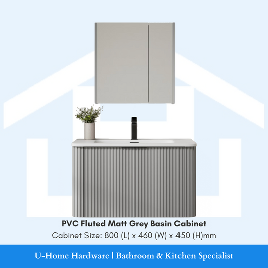 DUSCHE Mirror Cabinet 2006195FGY | PVC Basin Cabinet 2008103 | 2008103FGY-HMB (Matt Black Handle) / 2008103FGY-HGD (Matt Gold Handle) 
fluted pvc cabinet with blum hinges