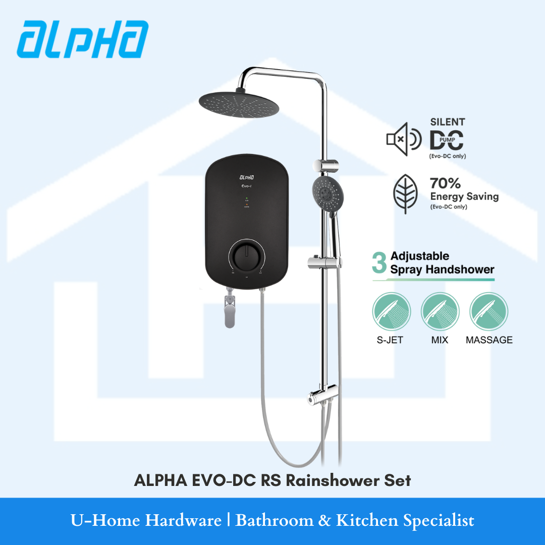 An ALPHA EVO-DC RS Rainshower Set which includes a black instant heater with a DC pump and a rain shower head, energy efficient with adjustable spray settings.