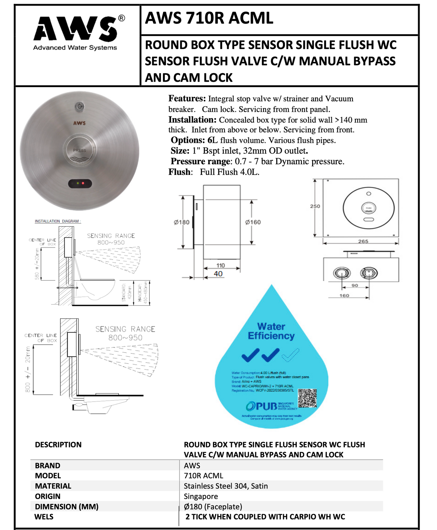 Technical specifications and features of AWS 710R ACML sensor flush valve on a white background