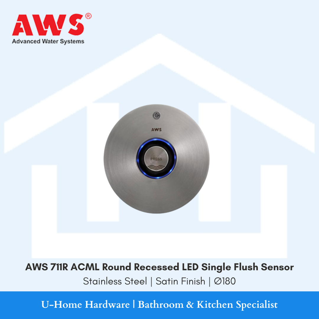 AWS 711R ACML round recessed sensor WC flush valve plate in satin stainless steel finish with a blue LED light ring. Front view of circular $\varnothing180\text{mm}$ AWS 711R ACML electronic touchless toilet flushing mechanism featuring the central mechanical manual bypass push button.