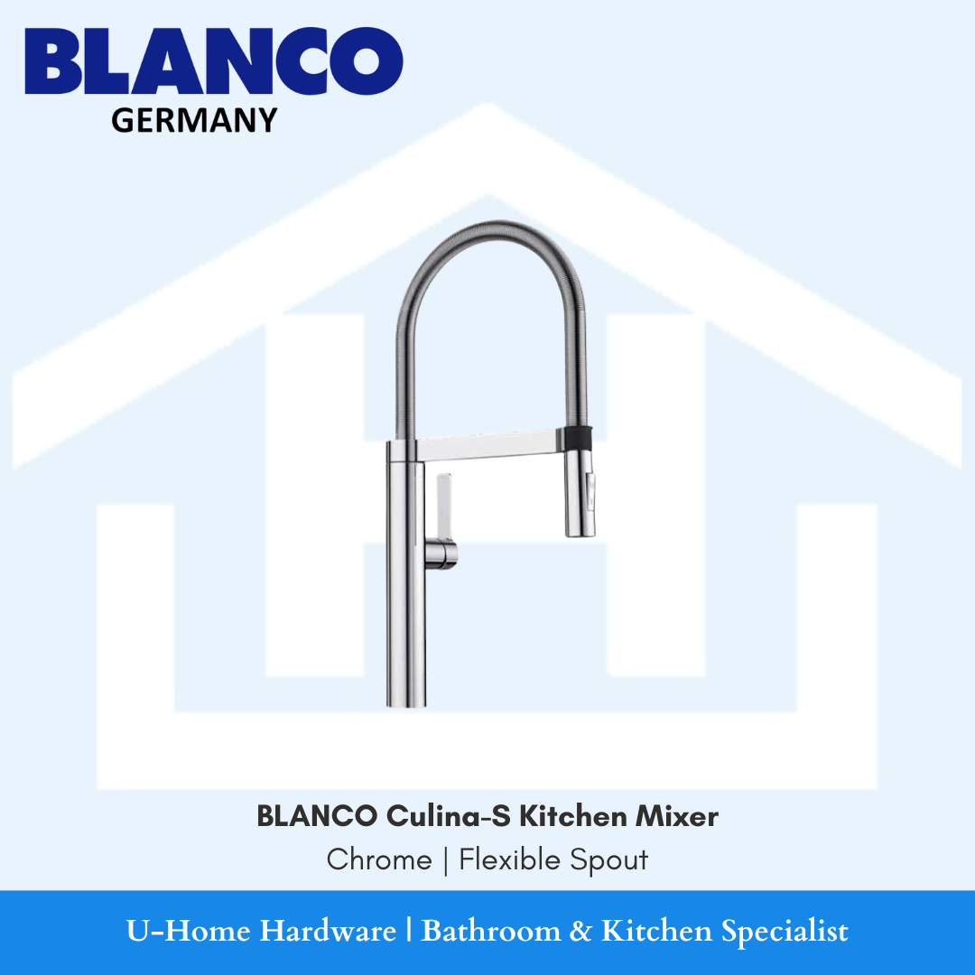 Isolated product cutout of the BLANCO Culina-S Mixer in Chrome, highlighting the iconic flexible stainless steel spring neck and the tall, professional spout design