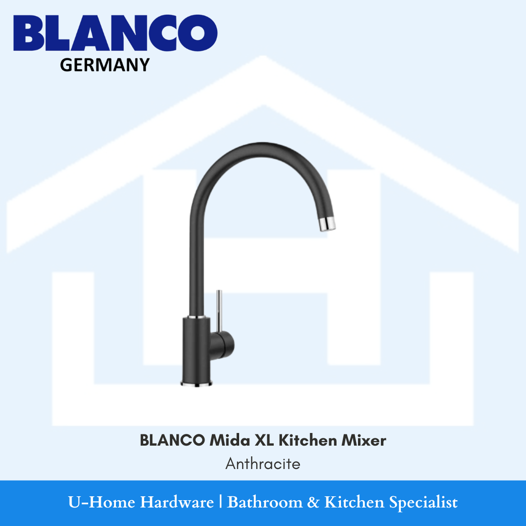 Detailed close-up of the BLANCO Mida XL base, emphasizing the premium Anthracite SILGRANIT-look coating and the sleek, minimalist single-lever control.