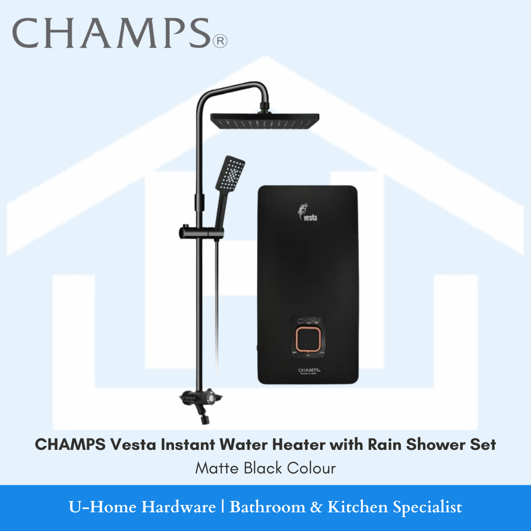 CHAMPS Vesta Instant Water Heater with Rain Shower Set in matte black color, including a wall-mounted control panel and a ceiling-mounted shower head.