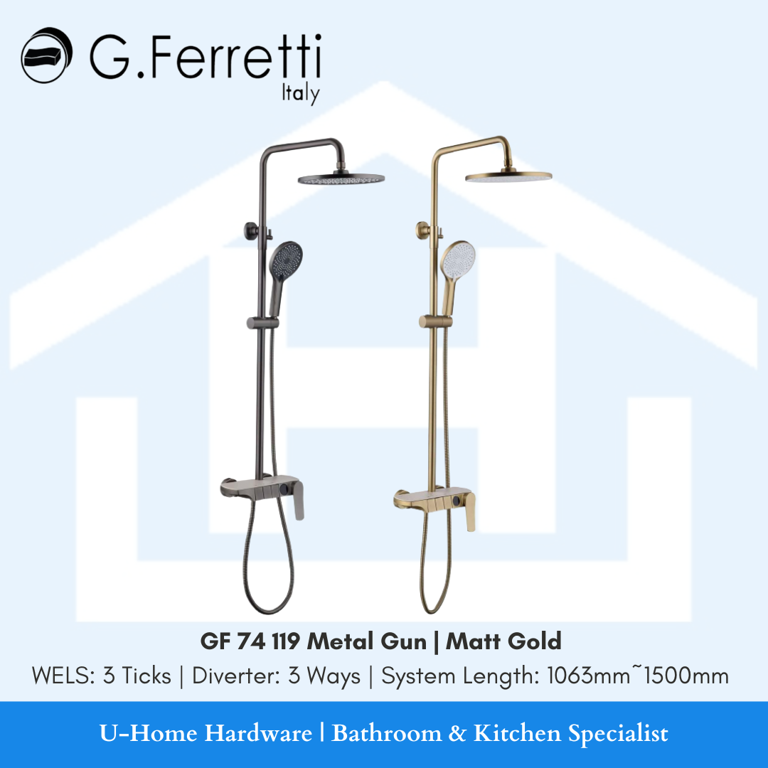 Two rain shower sets by G.Ferretti, one in Metal Gun finish and one in Matt Gold finish, each consisting of a overhead shower head and a hand shower with a system pipe.