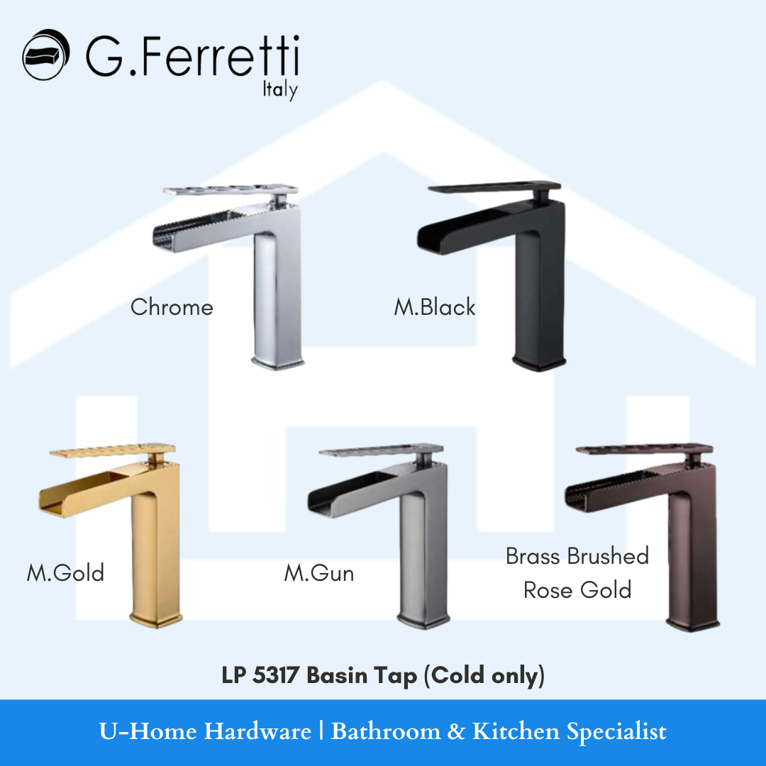 A range of G. FERRETTI basin taps in various colors including chrome, matt black, matt gold, metal gun, and brass brushed rose gold, with the LP 5317 model labeled as cold.