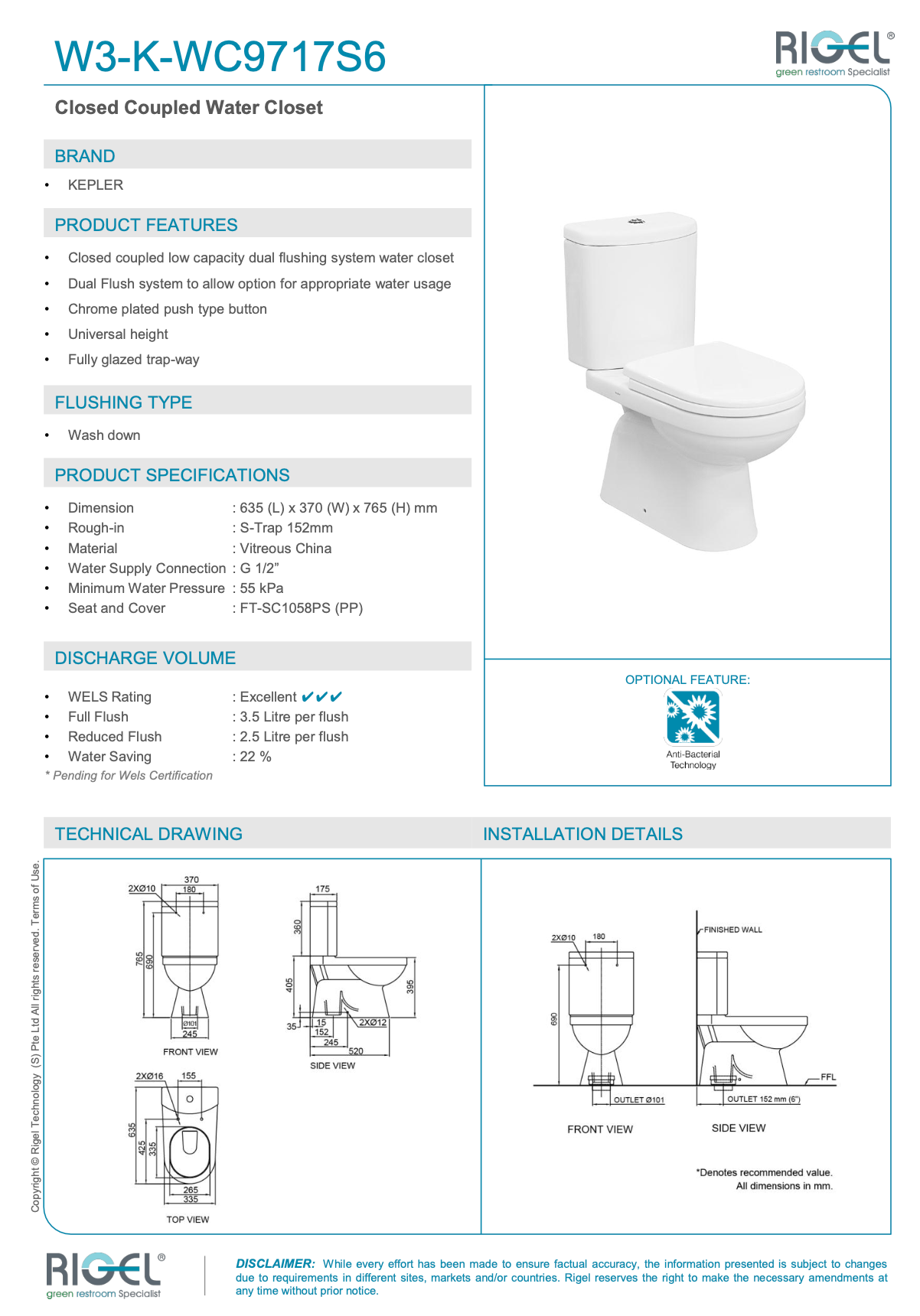 KEPLER W3-K-WC9717S6 Close Coupled Water Closet specs measurements