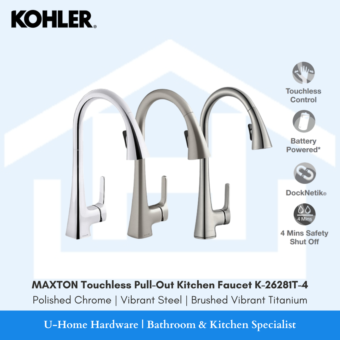 KOHLER MAXTON Touchless Kitchen Faucet in Vibrant Steel and Brushed Vibrant Titanium and polished chrome.