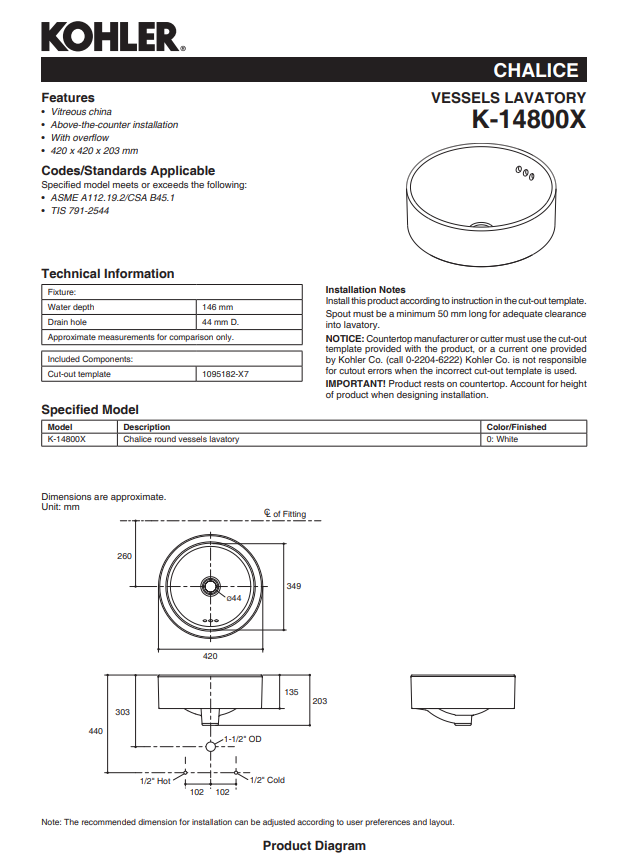 KOHLER CHALICE Round Vessel K-14800X-0 product measurements, technical drawings, product features and installation notes.
