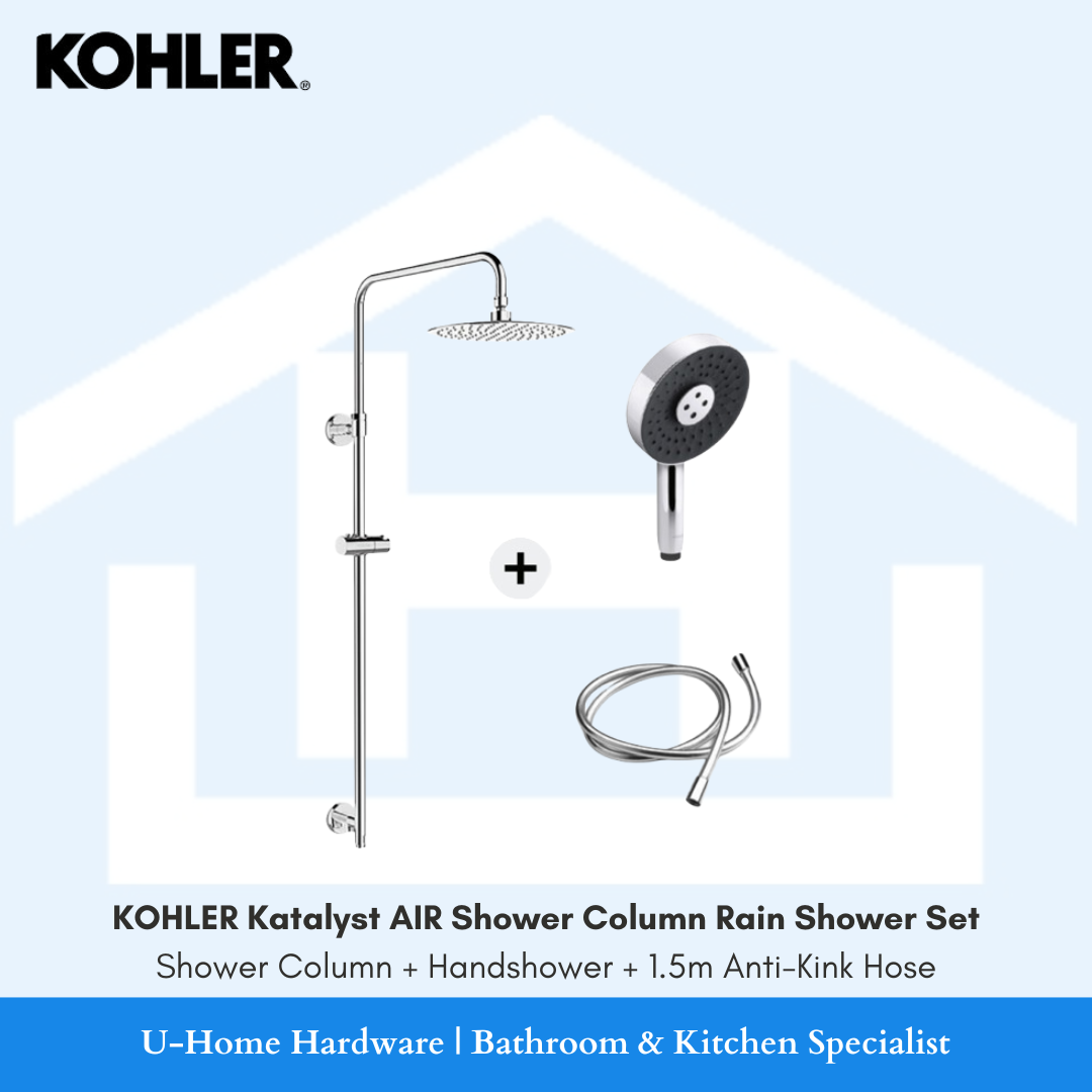 KOHLER Katalyst AIR shower column rain shower set with matching handshower and hose.