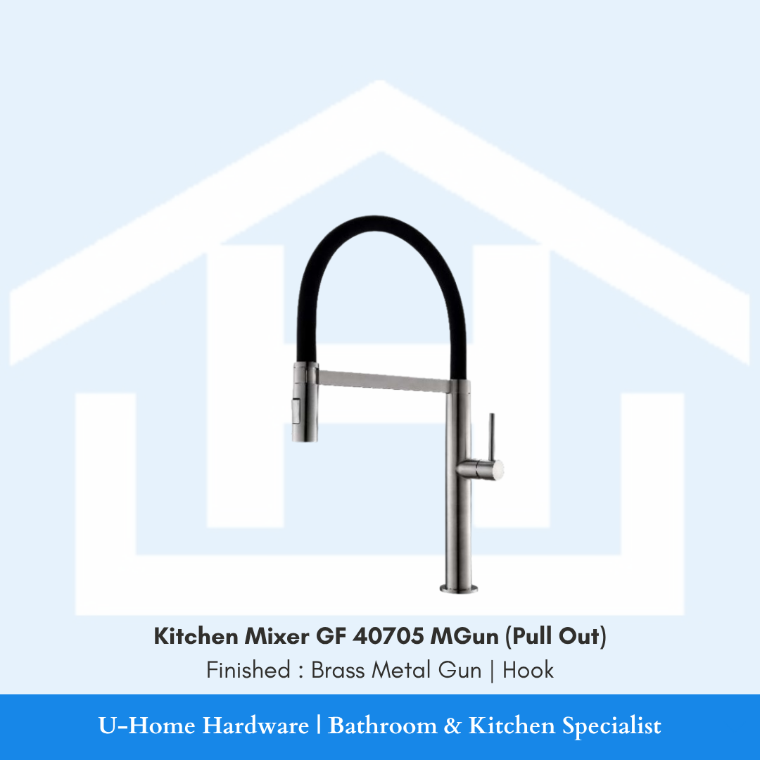 A professional product shot of the 550mm tall GF 40705 MGun kitchen mixer featuring a sophisticated Brass Metal Gun finish and a dramatic high-arc spring-style neck.