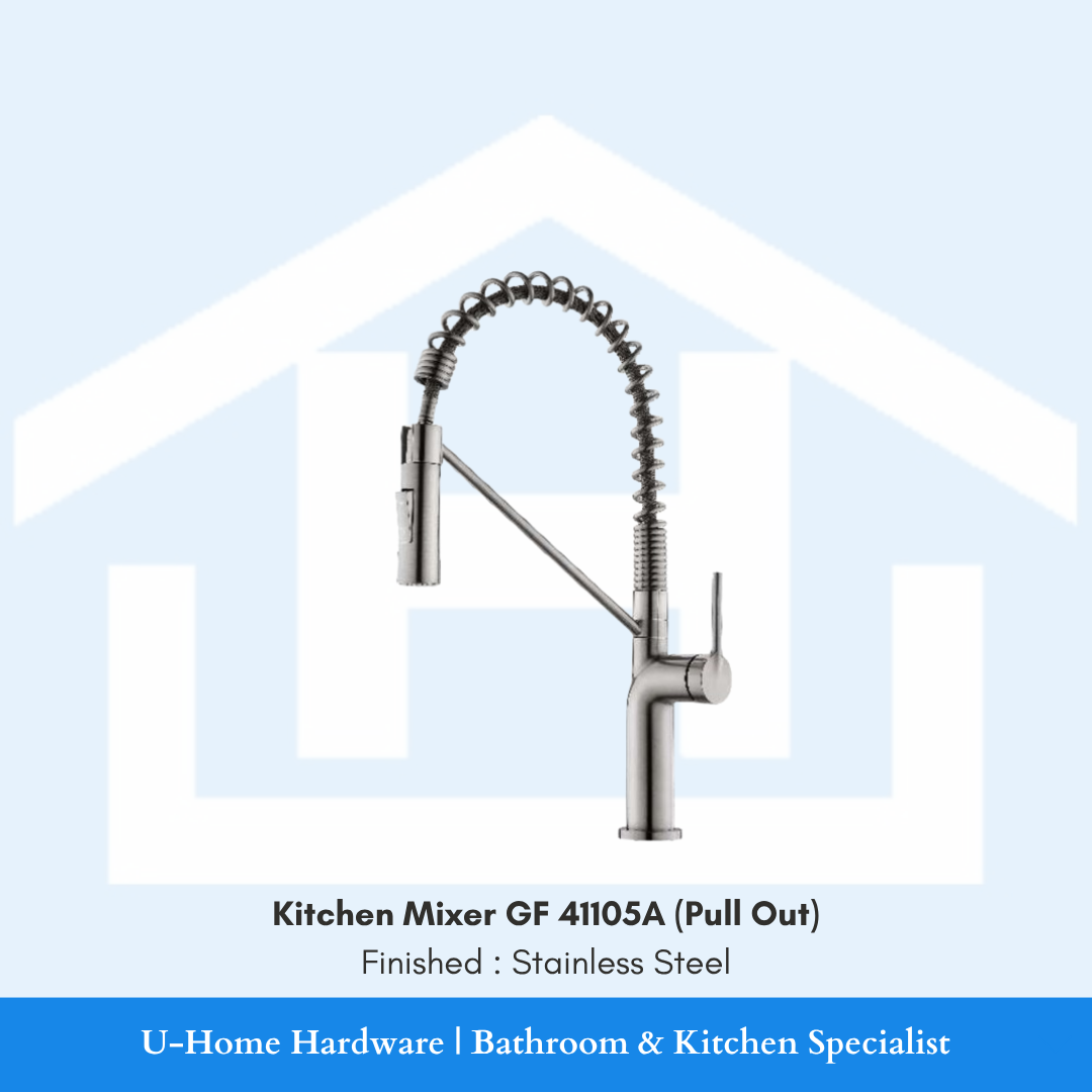 A professional product shot of the 430mm tall GF 41105 A kitchen mixer featuring a sophisticated Stainless Steel finish and a dramatic high-arc neck.