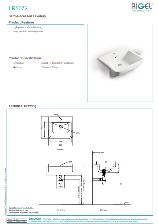 Rigel semi-recessed lavatory product specification sheet with dimensions and technical drawing.