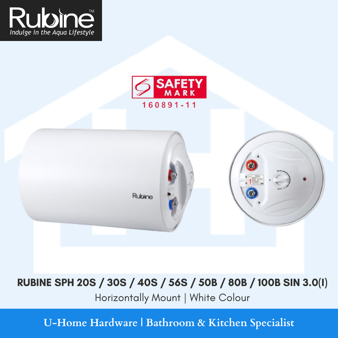 Storage water heater from Rubine, showing horizontally mounted white cylindrical tank with controls