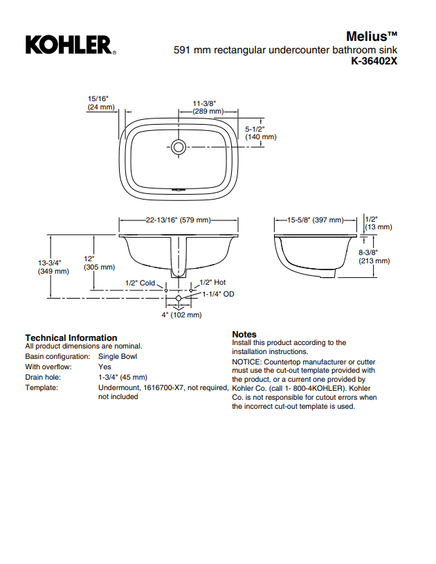 KOHLER MELIUS 591mm Undercounter K-36402T-0 product measurements, technical drawings, and information.
