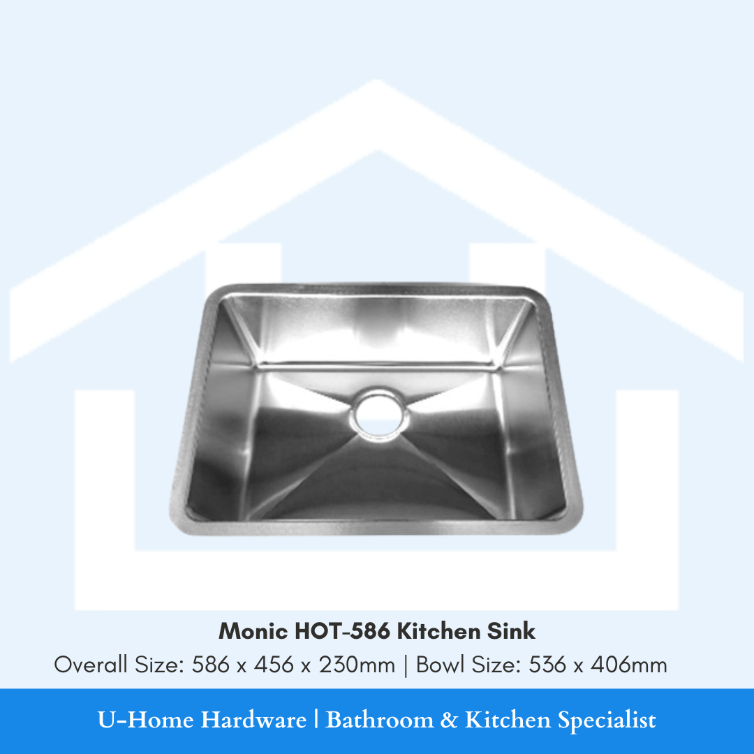 Top-down view of the Monic HOT-586 large single bowl kitchen sink, showcasing the expansive 536 x 406mm internal bowl and the premium satin-finish stainless steel.
