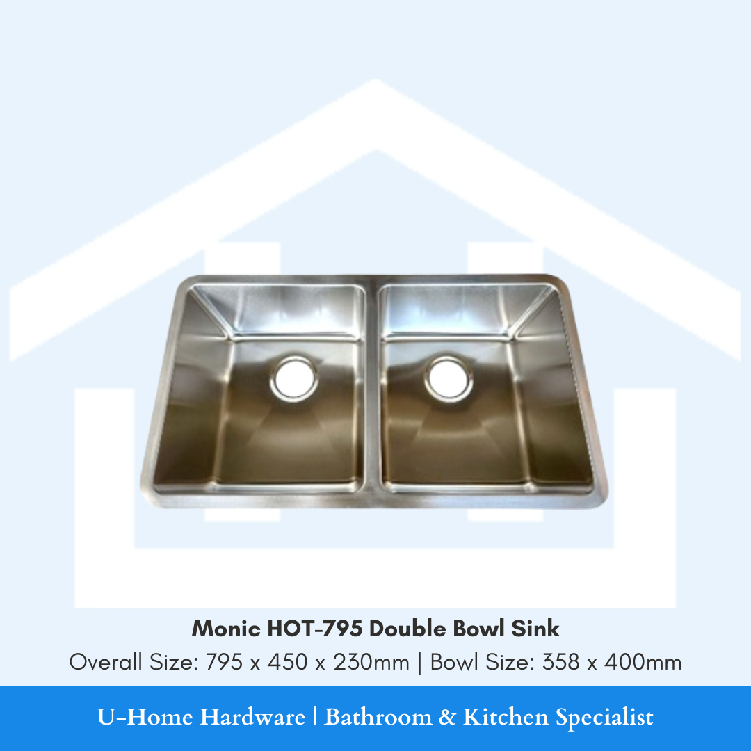 Front perspective of the Monic HOT-795 kitchen sink, highlighting the shared central divider and the modern radius corners for quick, easy cleaning.