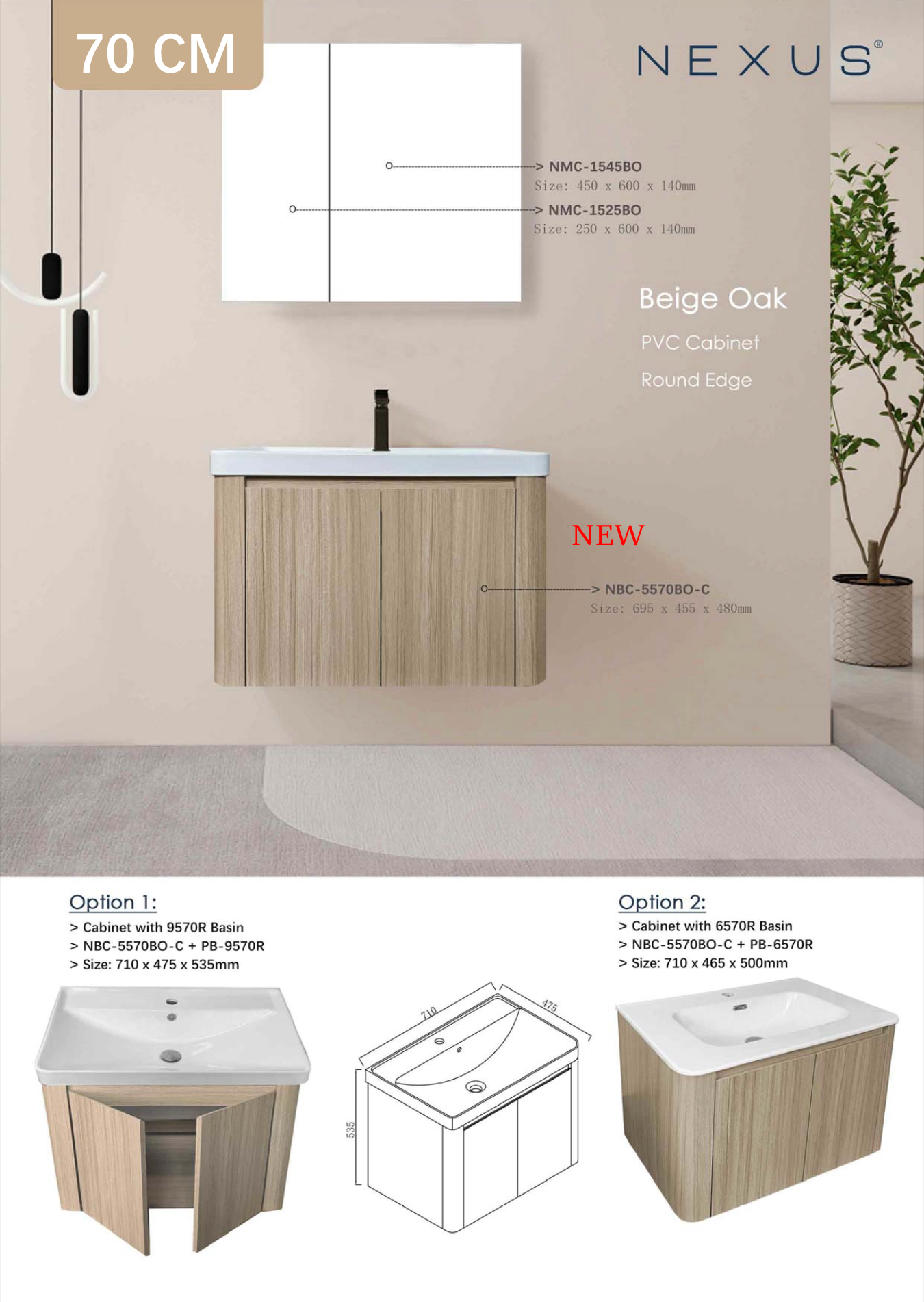 Bathroom vanity set with round edge cabinet and sink, featuring Nexus brand.