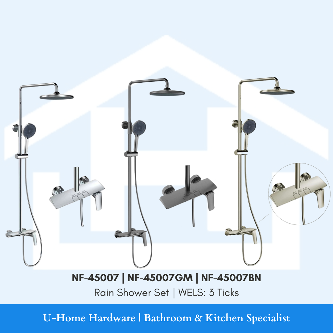 Rain shower set with various components on a light blue background, featuring U-Home Hardware branding.
Nexus NF-45007_NF-45007GM_NF-45007BNrainshowerset