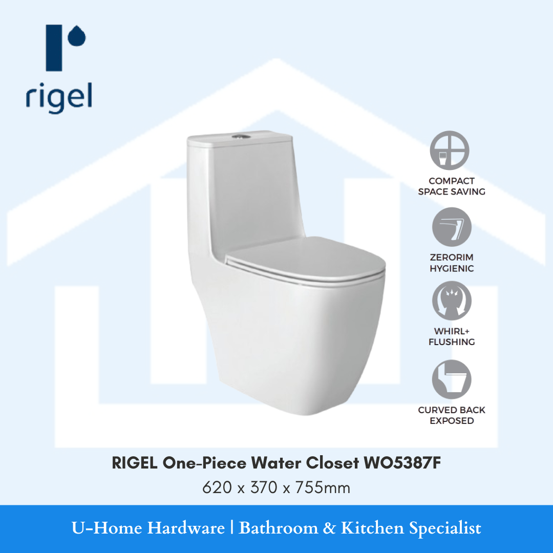 Side-angle view of the RIGEL WO5387F one-piece toilet, highlighting its compact depth and the minimalist, modern lines of the integrated ceramic body.