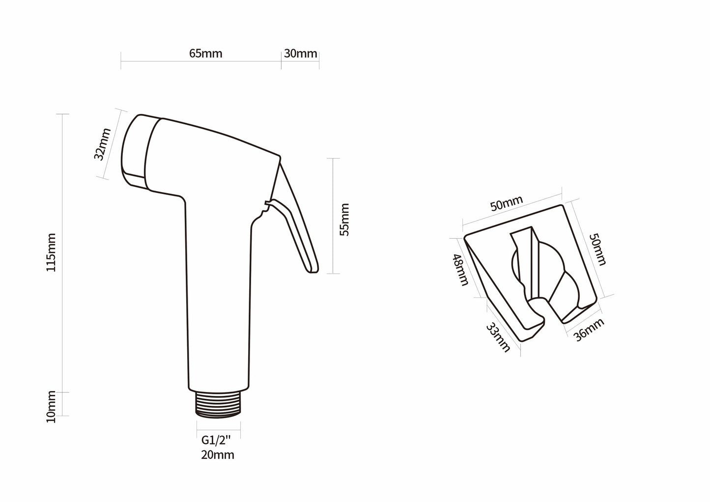 measurement of PC010 Blinda series spray rinser set, bidet spray head and holder technical drawing and measurements.