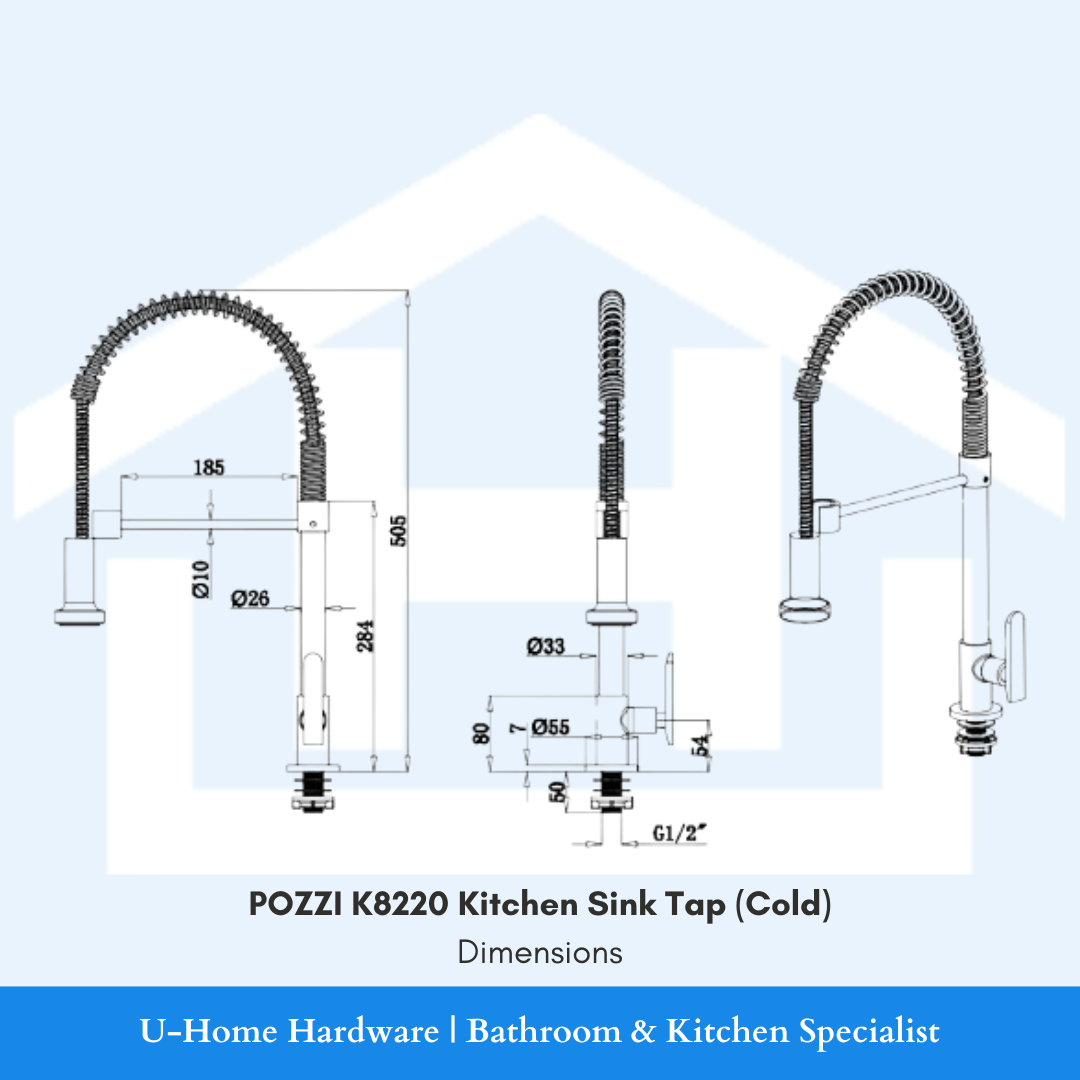 Technical drawing of POZZI K8220 Kitchen Sink Tap with dimensions.