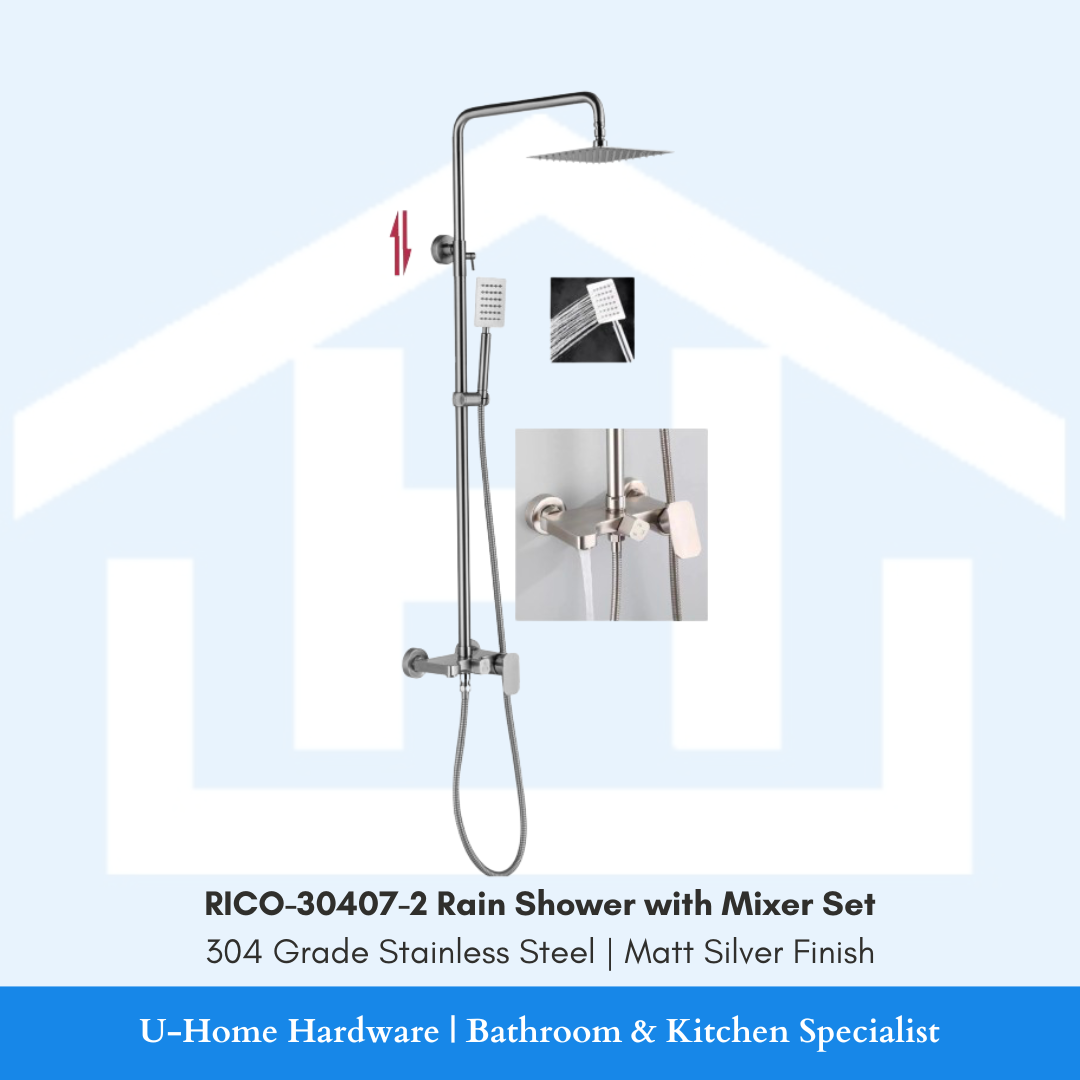 RICO-30407-2 Singapore PUB Approved Premium Rain Shower Set | Luxury Modern Square Rainfall Shower Head System with Hand Shower and Temperature Mixer | Wall Mounted Chrome Plated Brass Construction | Multi-Function Hand Shower with Flexible Hose | High Pressure Compatible Overhead Rain Shower | Master Bathroom HDB BTO Renovation Shower System | NEA Certified Bathroom Fixture | Complete Installation Kit | Hot and Cold Water Mixer | Anti-Scalding Safety Feature | Water Saving Design | Singapore Standard CP48