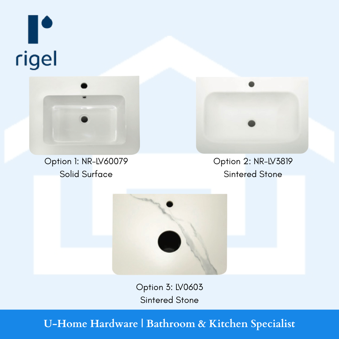 Three sink surface options with Rigel branding on a light blue background