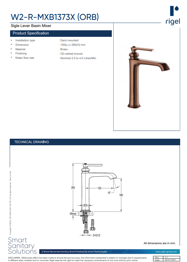 RIGEL Basin Mixer W2-R-MXB1373X (ORB) Oil Rubbed Bronze product specifications, product features and technical drawings.