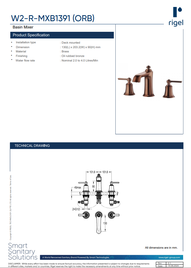 RIGEL Basin Mixer W2-R-MXB1391 (ORB) product features, product specifications and technical drawings.