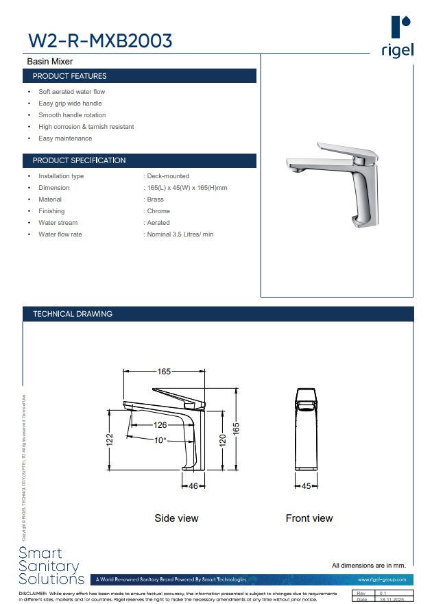 RIGEL Basin Mixer W2-R-MXB2003 product features, product specifications, technical drawings.