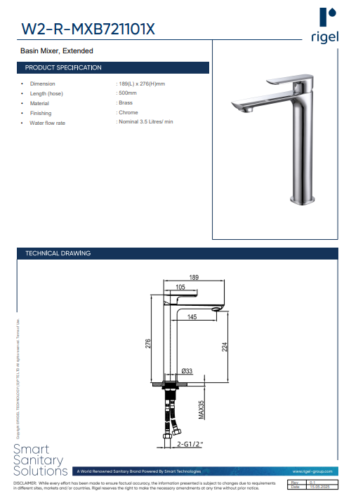 RIGEL Basin Mixer W2-R-MXB721101X product features, product specifications and technical drawings.