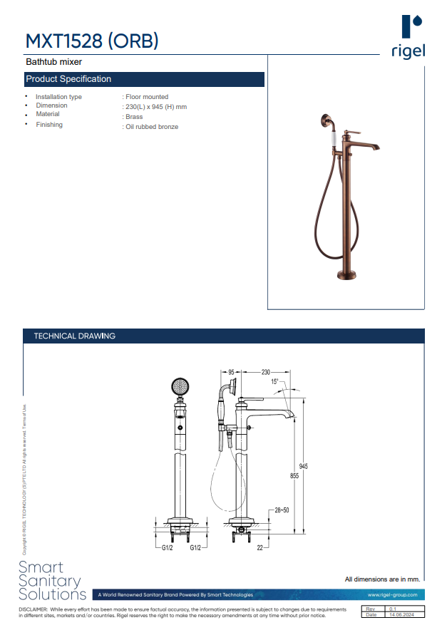 RIGEL Floor Standing Bathtub Mixer MXT1528 (ORB) product specifications, product features and technical drawings.