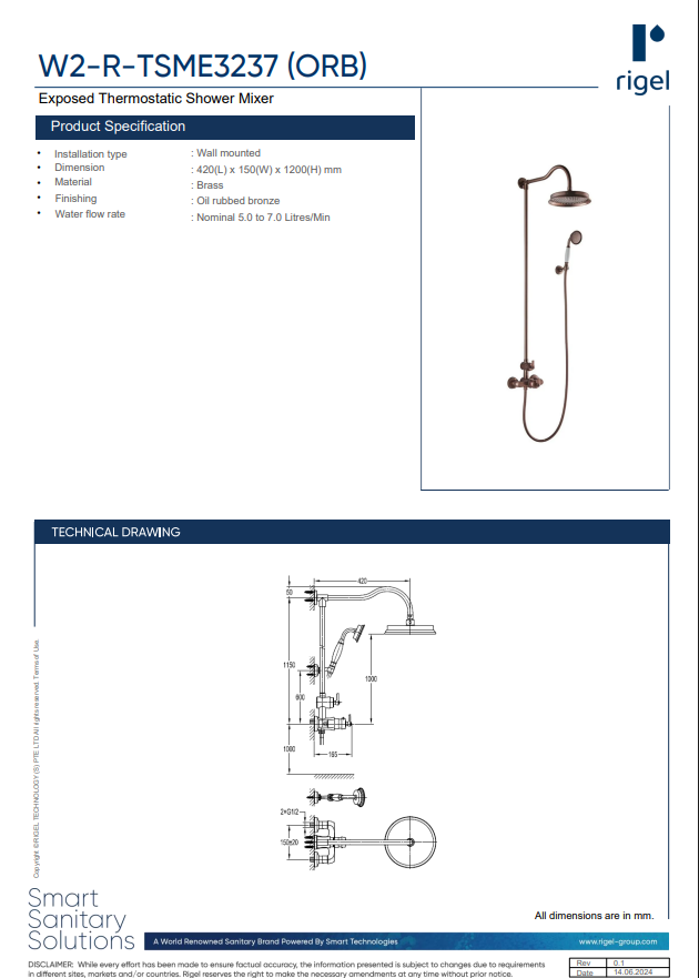 RIGEL ORB Series Rain Shower System W2-R-TSME3237 product specifications, product measurements, and technical drawings