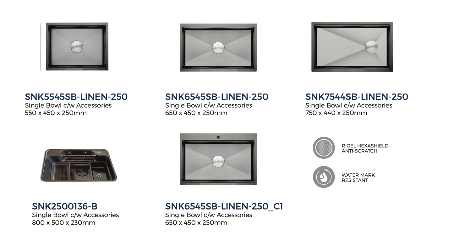 Collection of stainless steel kitchen sinks with model numbers on a white background