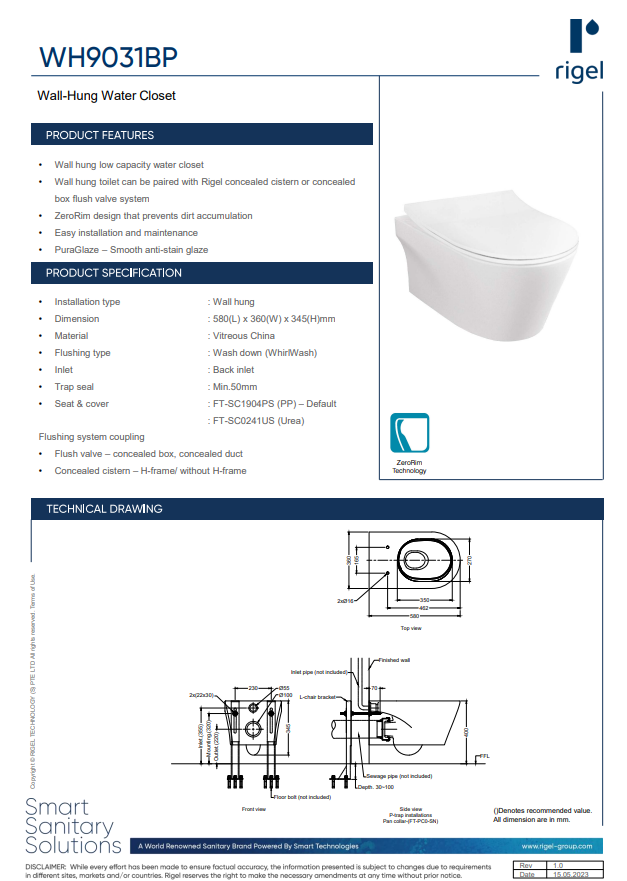 RIGEL Wall-Hung Water Closet WH9031BP product specifications, technical drawings and product features.