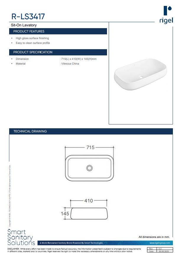 Rigel Sit - On Lavatory LS3417 product features, product specifications and technical drawings.