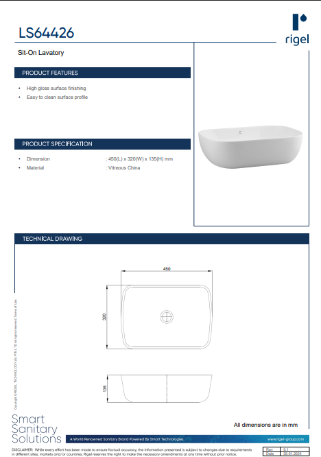 Product sheet for a sit-on lavatory with specifications and dimensions.