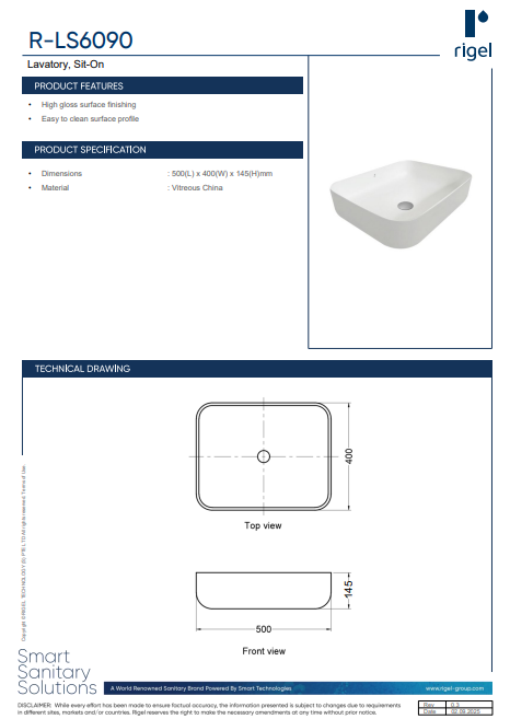 Technical specifications and dimensions of a Rigel bathroom sink.
