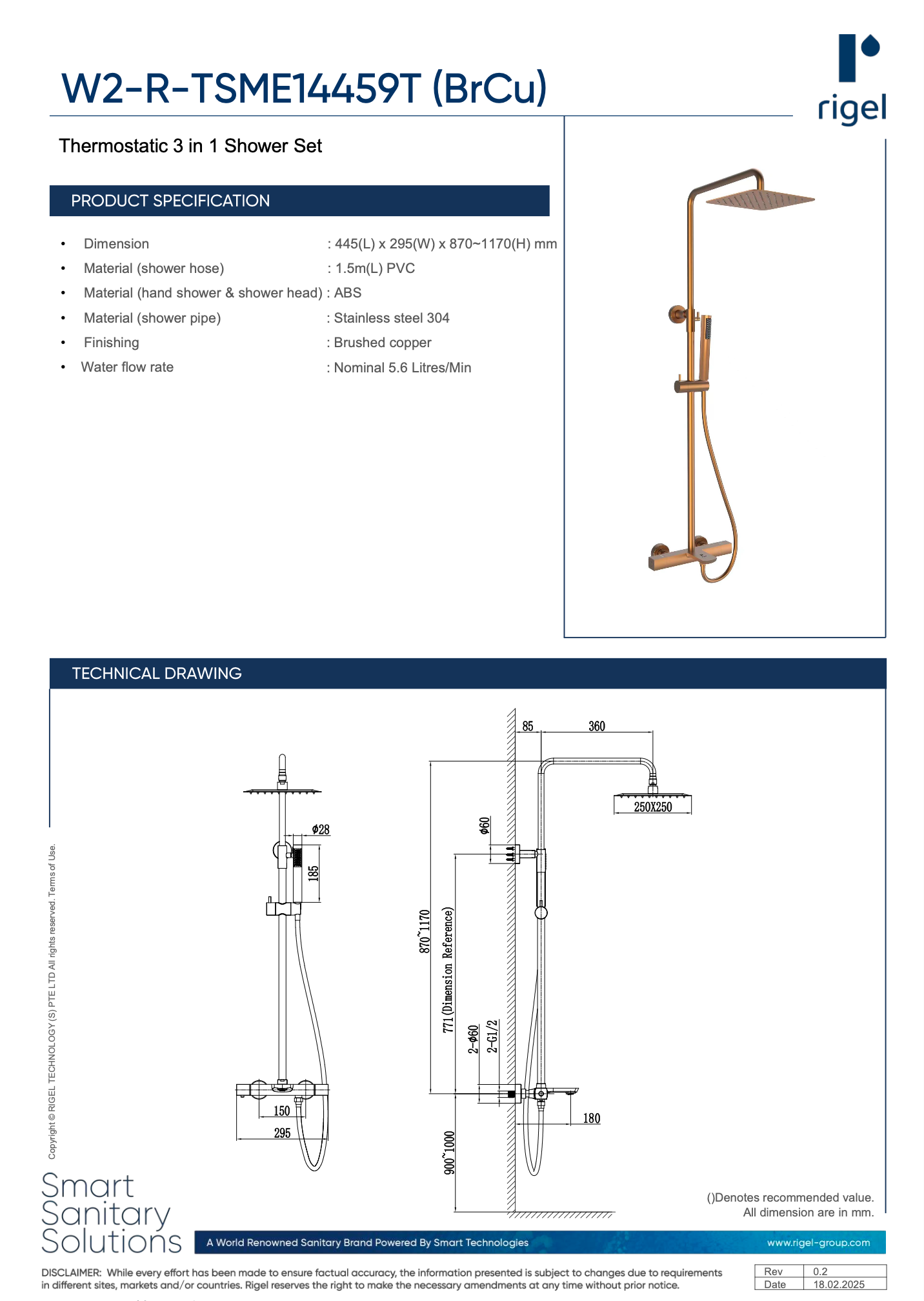 Rigel TSME14459T Thermostatic Rain Shower Set - Brushed Copper