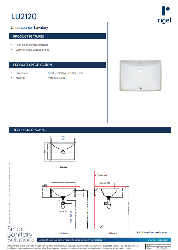 Rigel Undercounter Lavatory LU2120
product specifications, product features and technical drawings.