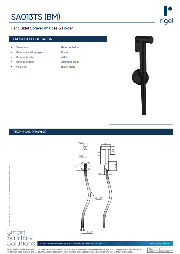 SA013TS (BM)
Hand Bidet Sprayer w/ Hose & Holder product specifications and technical drawings.