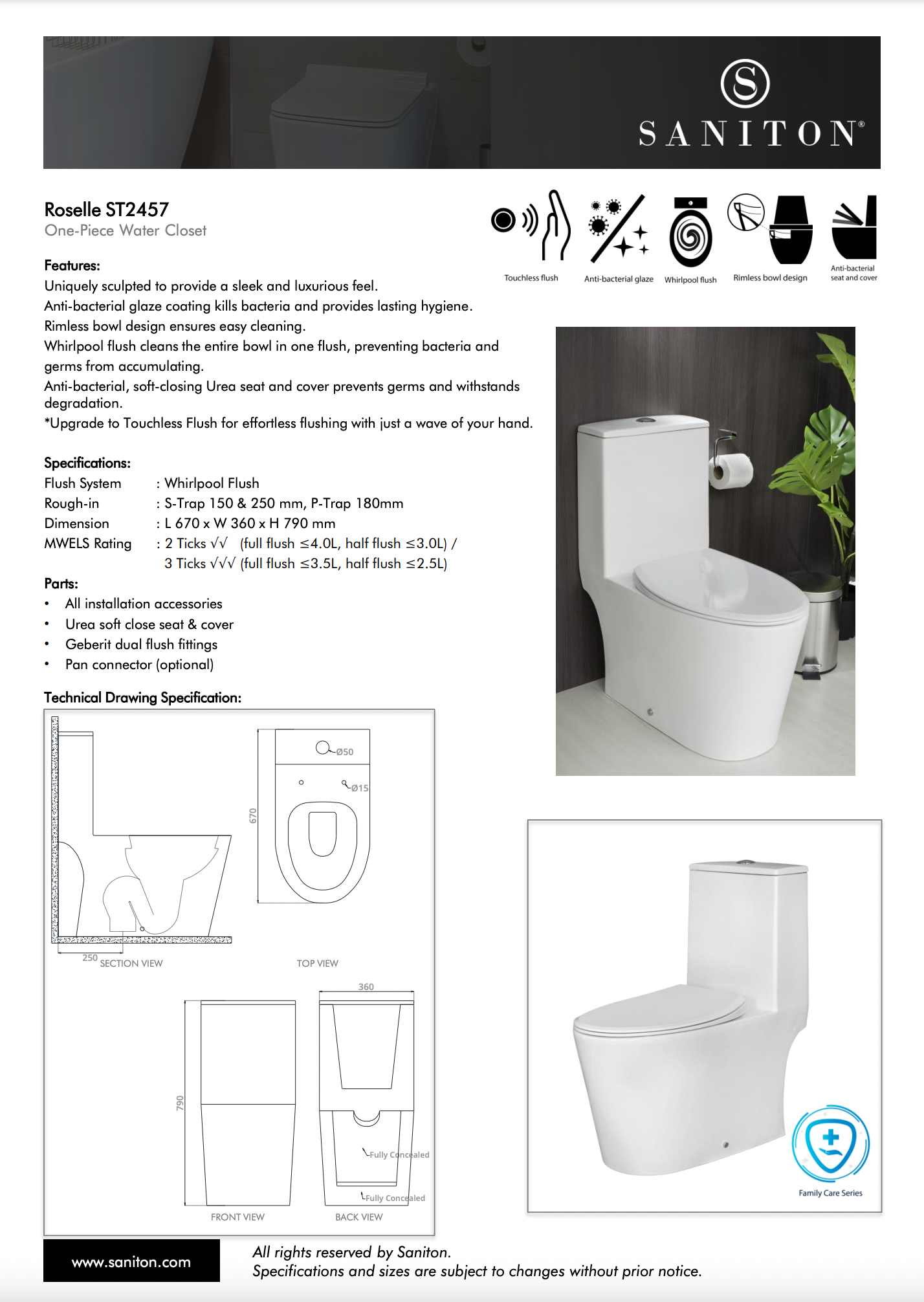 SANITON ROSELLE ST2457 One Piece Toilet Bowl specifications dimensions
