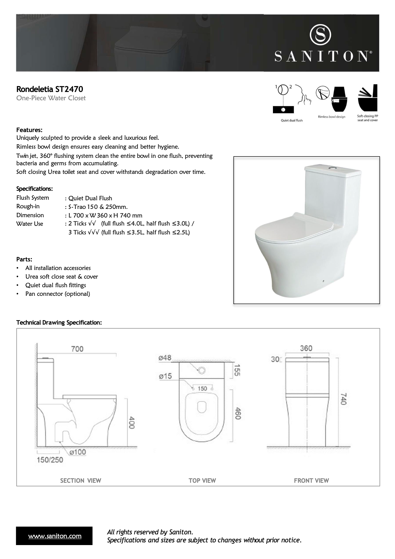 SANITON Rondeletia ST2470 One-Piece Water Closet (Rimless) specs