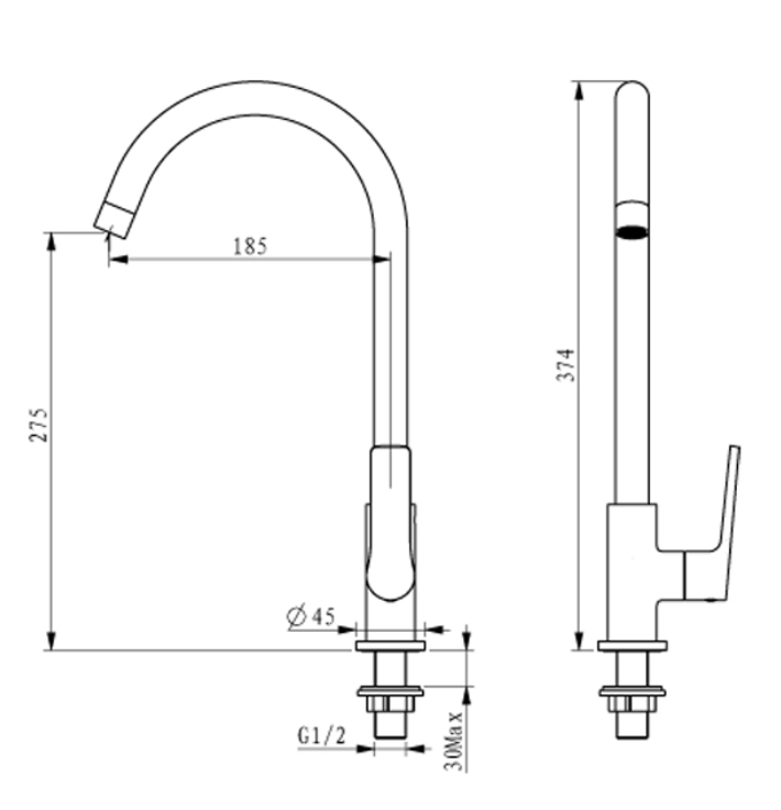 AALTO 8833 | 8833M | 8833B | 8833GM Kitchen Sink Tap (Available in Chrome Brass, Matt Silver, Matt Black & Gun Metal Finishing)