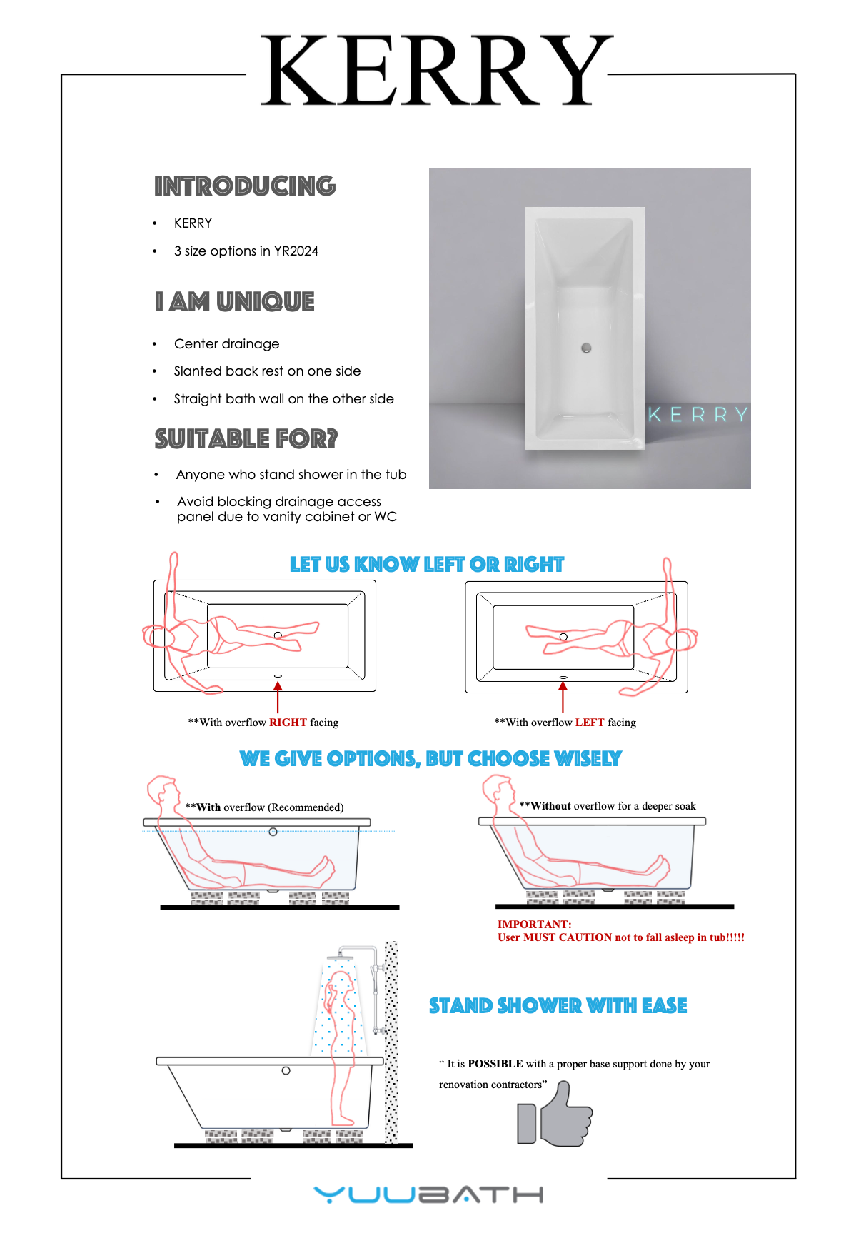 Advertisement for a shower product named 'Kerry' by Yuubath, featuring text and diagrams.