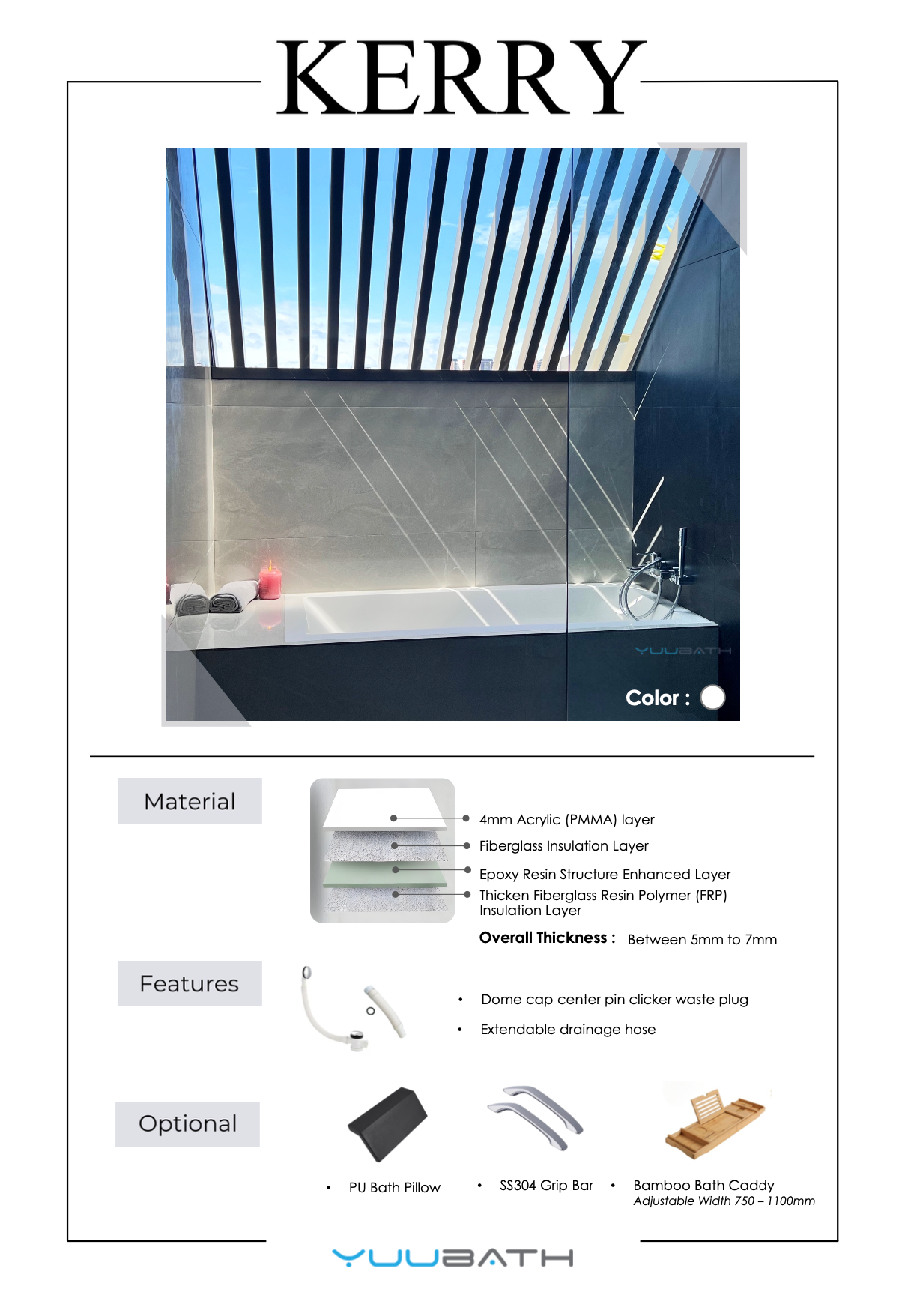 Advertisement for YUUBATH Kerry bathtub with material details and features.