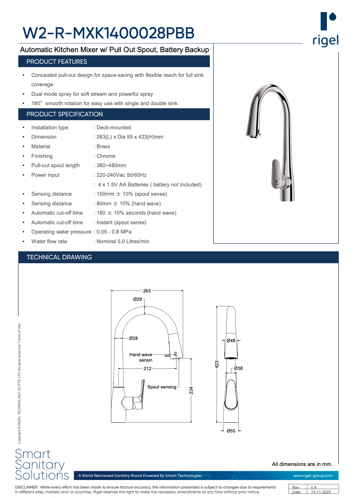 RIGEL W2-R-MXK1400028PBB Sensor Kitchen Mixer Pull-Out Faucet