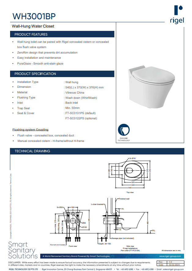 RIGEL Wall-Hung Water Closet WH3001BP Toilet Bowl