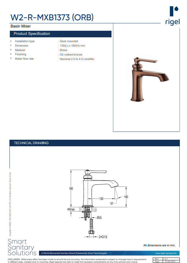 RIGEL Basin Mixer W2-R-MXB1373 (ORB) Oil rubbed bronze